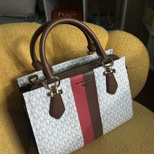 Michael Kors Stripe Satchel with Gold Hardware